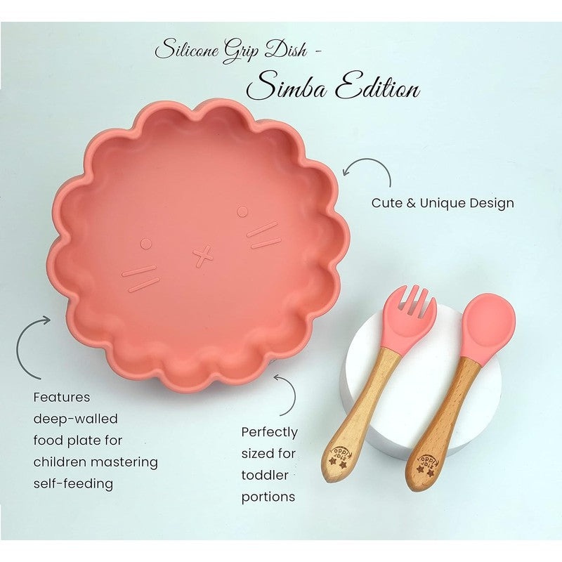 Simba Feeding Set – The Lion Cub Silicon Grip Plate with Themed Silicon Bib and Trainer Fork & Spoon Set - Pink