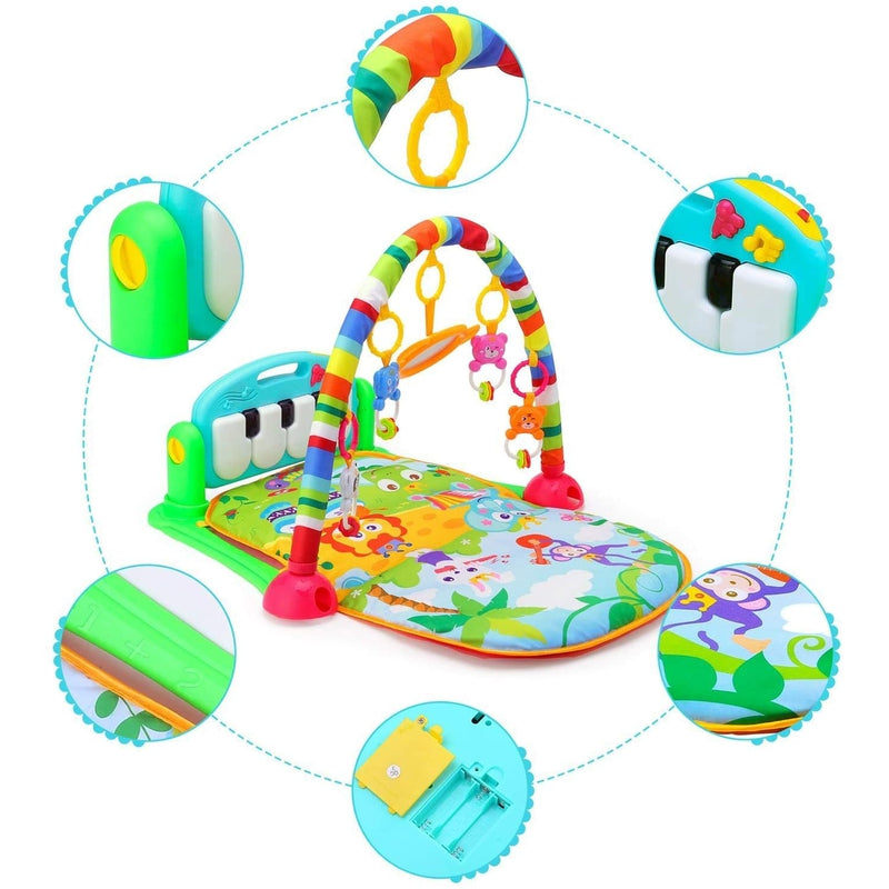 Baby Play Mat Gym & Fitness Rack with Hanging Rattles Lights & Musical Keyboard - Forest Theme