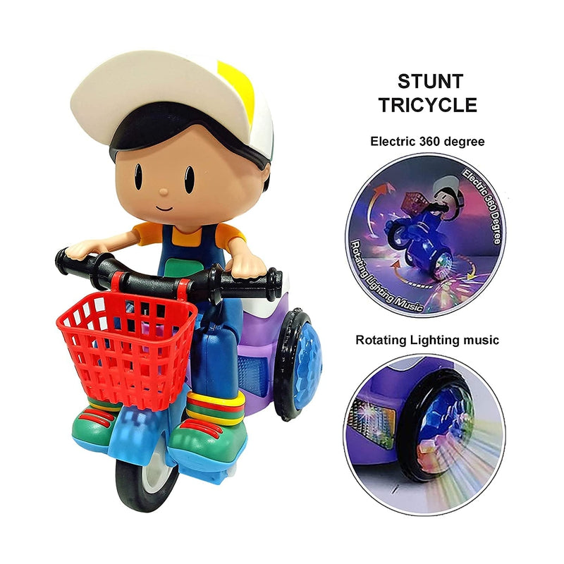 Battery Operated 360° Stunt Tricycle with Musical, 4D Flashing Light and Rotation Toy (Purple)