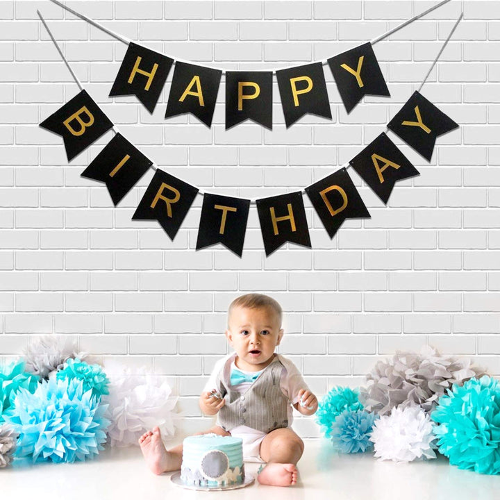 Black and Gold Happy Birthday Banner Decoration