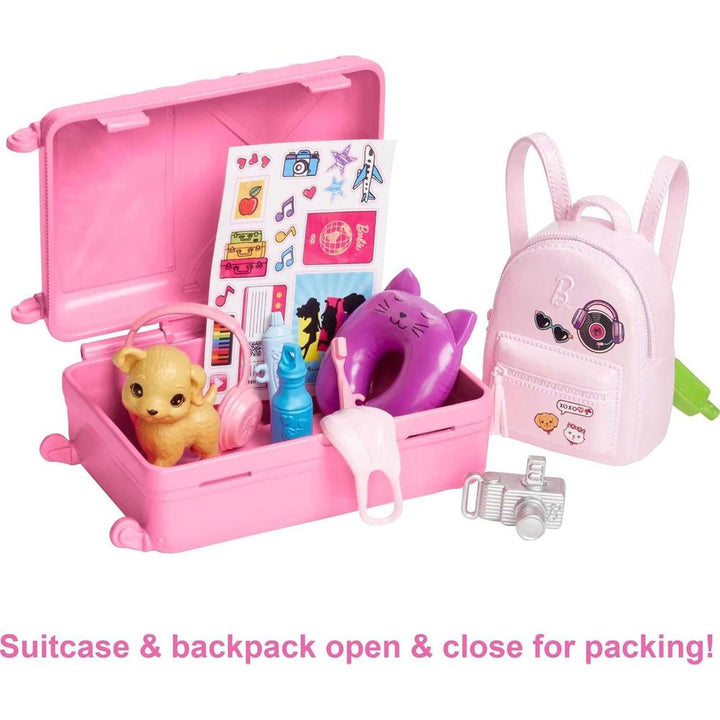 Mattel Original Licensed Barbie “Malibu” Travel Set | Barbie Doll with Puppy & 10+ Travel Accessories