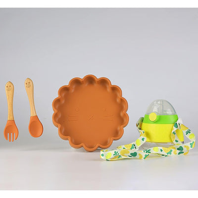 The Baby Led Weaning Supplies Collection of Cute Simba Suction Plate, Sippy Cup and Trainer Spoon & Fork (Brown - Yellow)