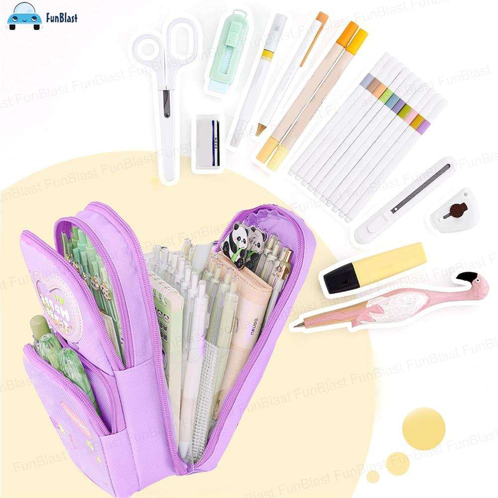 FunBlast Purple Pencil Case for Kids | Large Capacity 3-Layer Canvas Hangable Kawaii Pencil Pouch