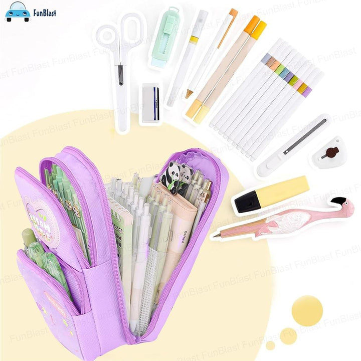 FunBlast Purple Pencil Case for Kids | Large Capacity 3-Layer Canvas Hangable Kawaii Pencil Pouch