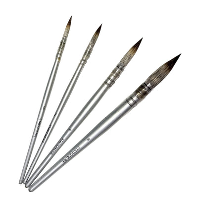 Set of 4 Synthetic Paint Brushes | Handmade Quill, Mop, Wash and Vegan | Metallic Silver