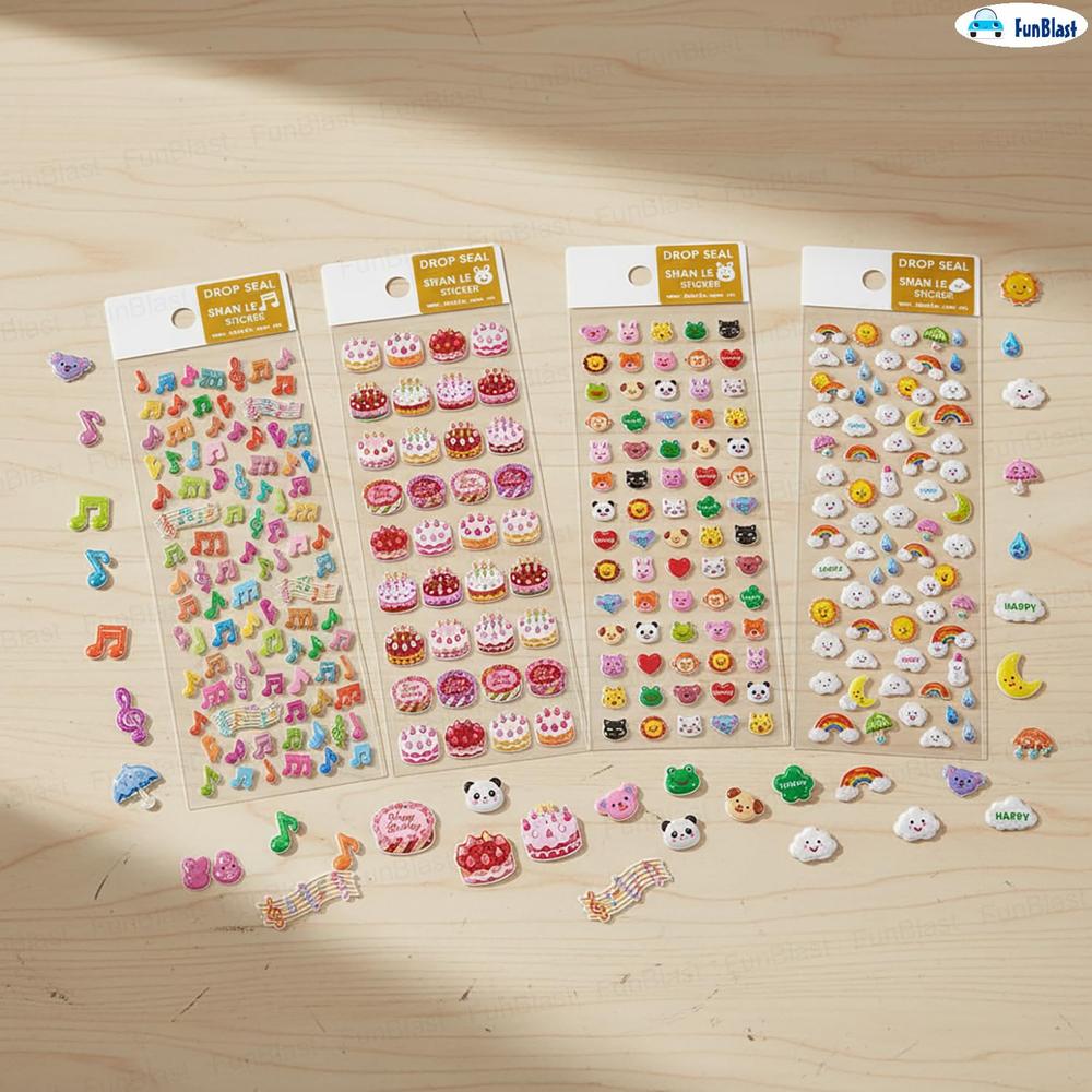 FunBlast Kawaii 3D Stickers | Aesthetic Self-Adhesive Craft Stickers for Kids | Pack of 4