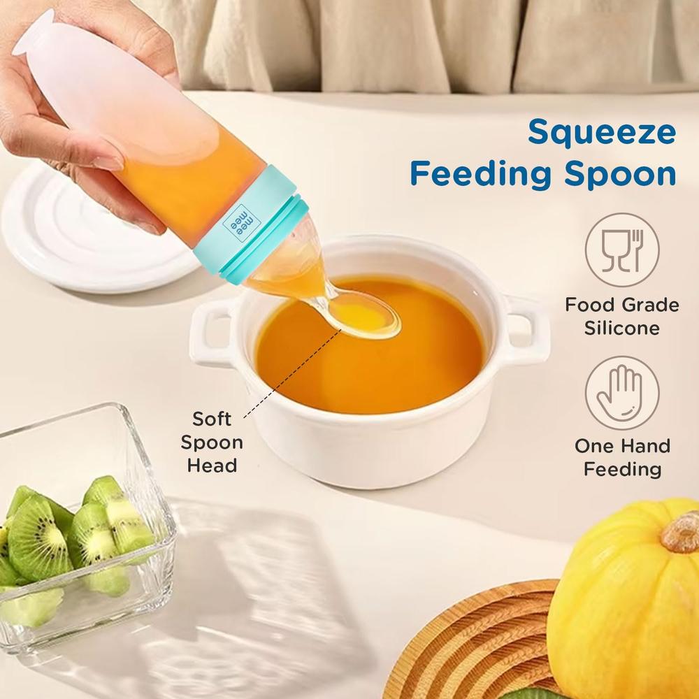 Mee Mee Squeezy Silicone Mini Meal Spoon Food Feeder  with Standing & Suction Base | Easy Grip & Bite Resistant