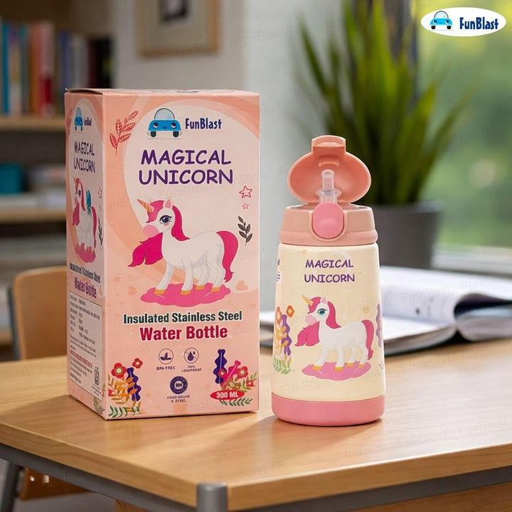 FunBlast Magical Unicorn Water Bottle for Kids | Insulated Stainless Steel Sipper Bottle with Straw | 300 ml