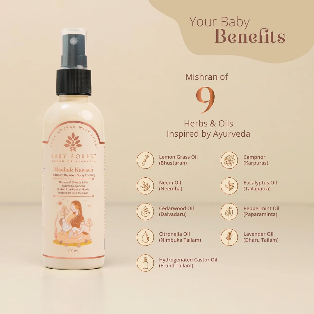Baby Forest Mashak Kawach Mosquito Repellent Spray for Babies | 100ml | Natural Insect Repellent | Derma Safe, Vegan & Cruelty-Free