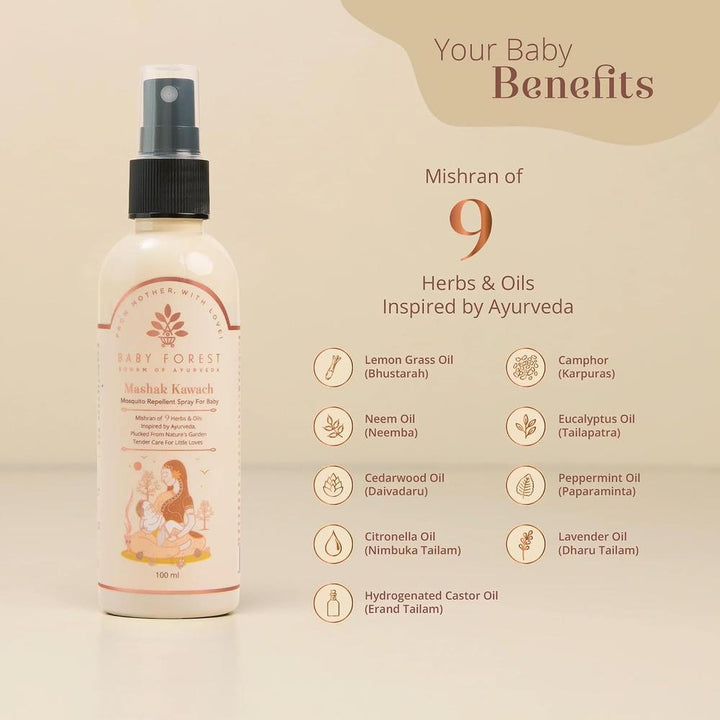 Baby Forest Mashak Kawach Mosquito Repellent Spray for Babies | 100ml | Natural Insect Repellent | Derma Safe, Vegan & Cruelty-Free