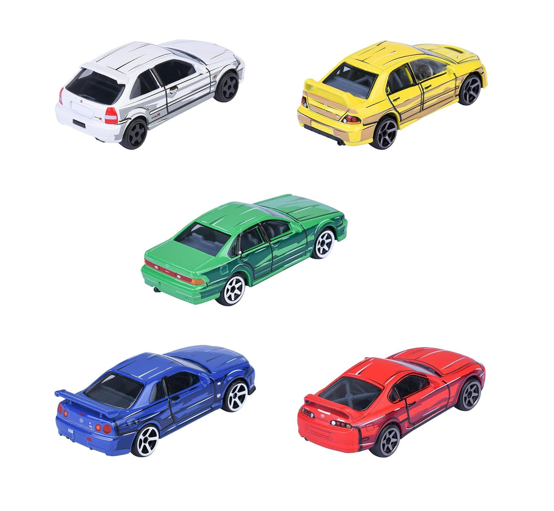 Set of 5 Licensed Majorette Diecast Cars (JDM Legends) - Honda Civic Type R EK9, Nissan Cefiro A31, Nissan Skyline GT-R R34, Toyota Supra JZA80, Mitsubishi Lancer Evolution 9