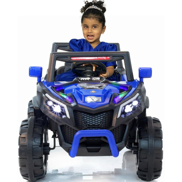 Blue Driving Jeep Ride on | Remote + Mobile App Control & Manual Steering Drive Car | Bluetooth Music Player | Loading Capacity of 50 Kg | COD Not Available