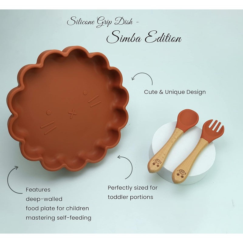 The Baby Led Weaning Supplies Collection of Cute Simba Suction Plate, Sippy Cup and Trainer Spoon & Fork (Brown - Yellow)