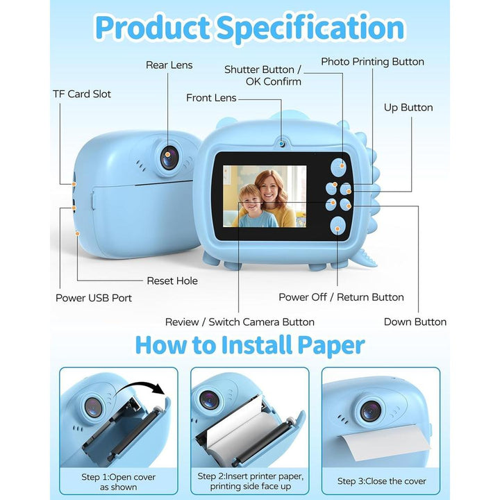 Kids Instant Print Digital Camera | DIY HD Camera with Black & White Printing, 2.4" IPS Screen & Rechargeable Battery