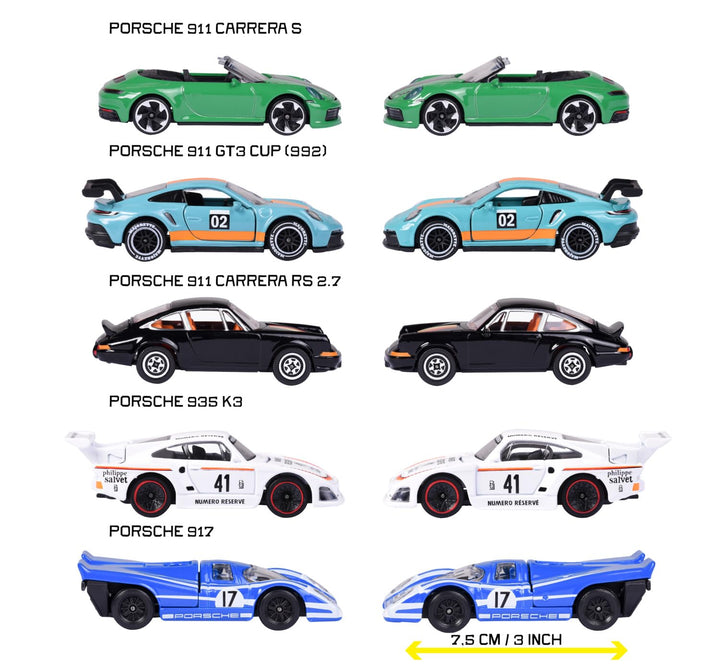 Set of 5 Licensed Majorette Diecast Cars (Porsche) - Porsche 917, Porsche 911 Carrera RS 2.7, Porsche 911 Carrera S, Porsche 935 K3, Porsche 911 GT3 Cup (992)