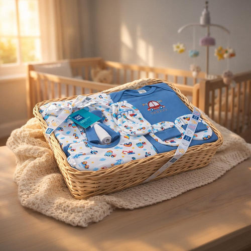 Mee Mee 8 Pieces Newborn Gift Set with Premium Packaging - 100% Cotton Interlock Theme | Dark Blue