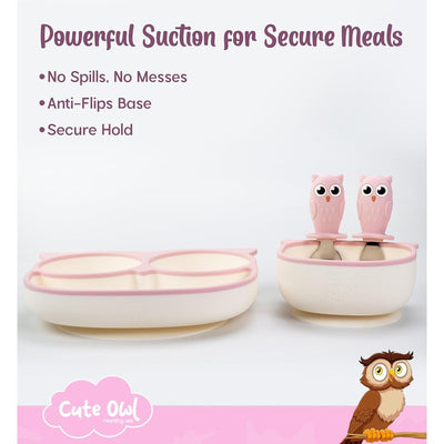 Owl Silicon Baby Suction Plate and Bowl for Toddler with Spoon & Fork (Pink)
