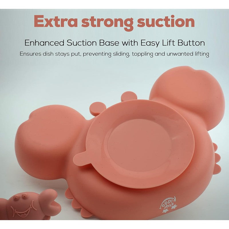 Cute Crab Silicon Weaning Set | Suction Plate for baby | Easy Grip Handle Spoon & Fork | Adjustable Printed Bib | Pink (Combo)