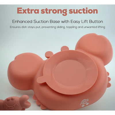 Cute Crab Silicon Weaning Set | Suction Plate for baby | Easy Grip Handle Spoon & Fork | Adjustable Printed Bib | Pink (Combo)