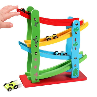 Wooden Car Ramp Race 4 Levels Toy Car Track Set with 4 Wooden Toy Cars