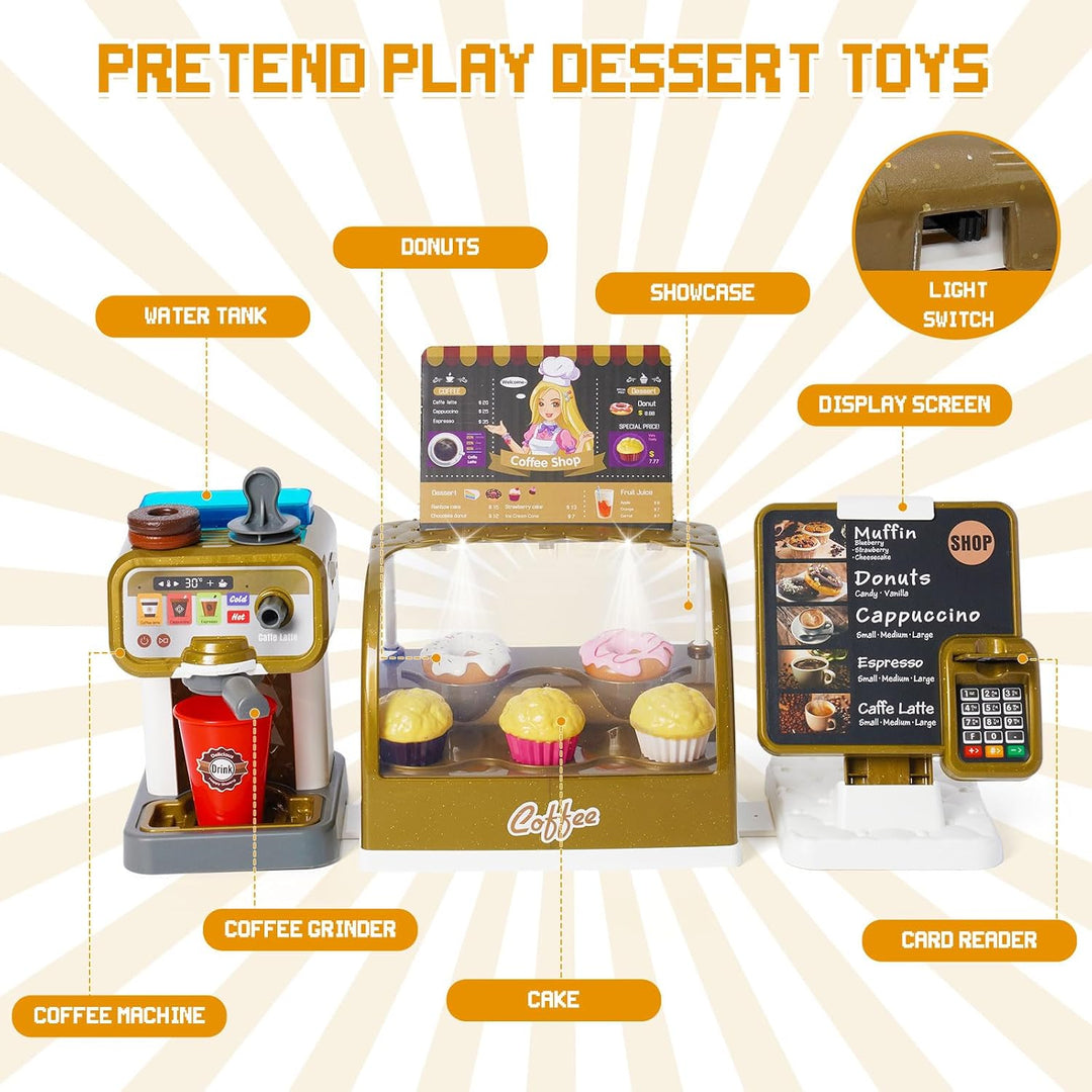 Coffee Shop Pretend Play Set | Kids Coffee Maker with Sound & Water Feature | Cash Register & Dessert Role Play Toy