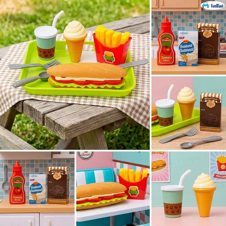 FunBlast Fast Food Play Set for Kids | Pretend Play Food Toys with Snacks, Tray, Accessories & Carry Box  (11 Pieces)