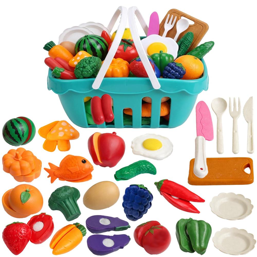 FunBlast Fruits & Vegetables Play Set | Sliceable Cutting Pretend Play Kitchen Toys with Basket & Knife | 26 Pieces