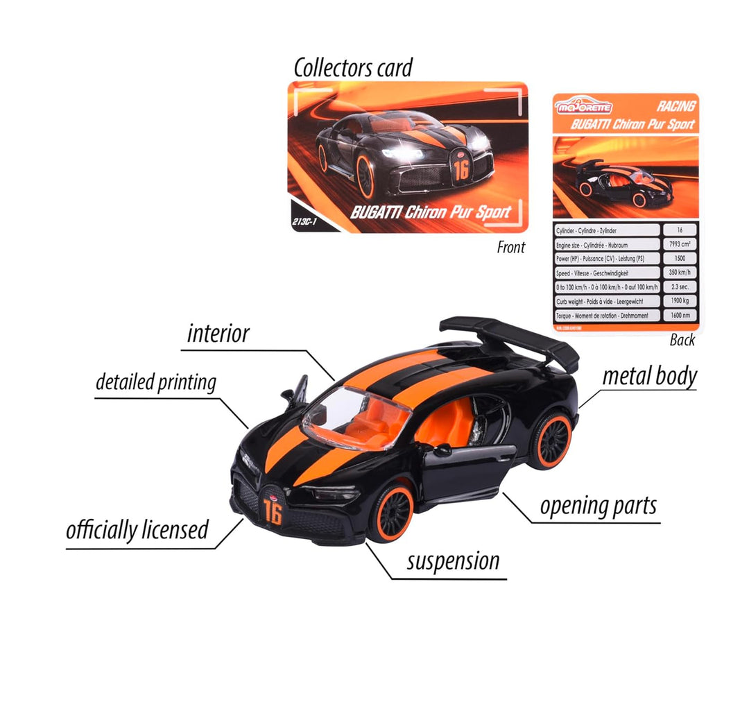 Original Licensed Majorette Bugatti Chiron Pur Sport Diecast Car - Black - Orange