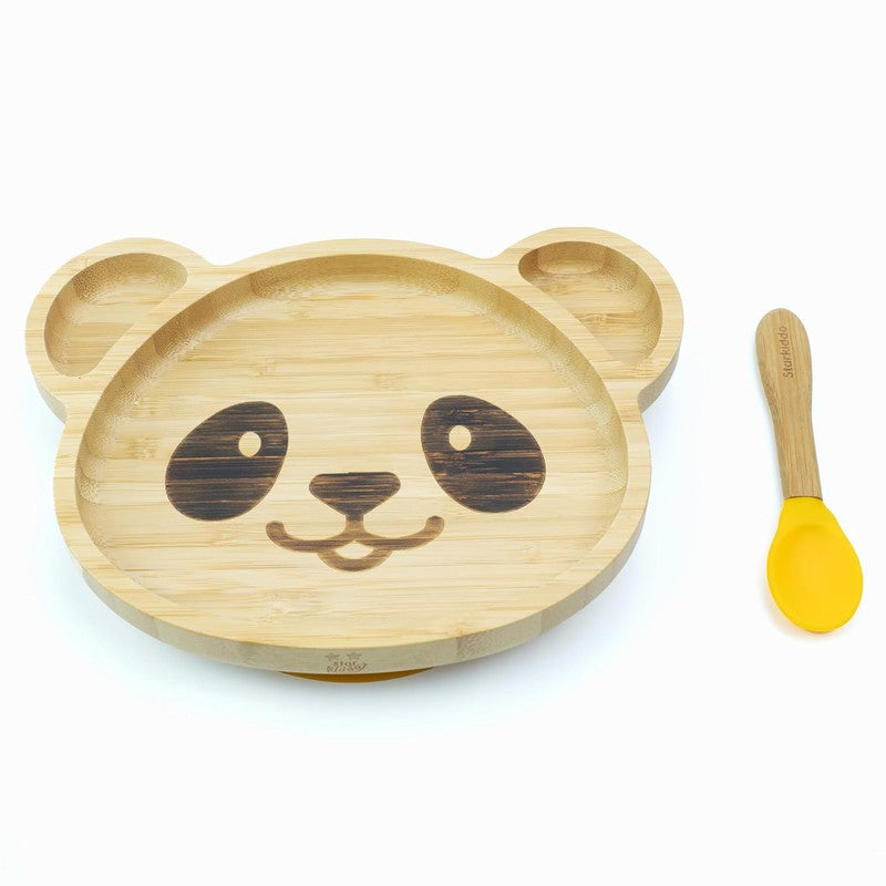 Adorable Panda Bamboo Suction Plates for Baby and Toddler | 3 Sections | Weaning Spoon |Yellow