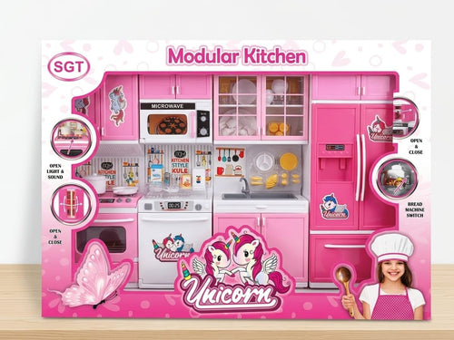 SGT Modular Kitchen Play Set for Kids | Pretend Cooking Set with Light & Sound | Microwave, Refrigerator & Kitchen Accessories