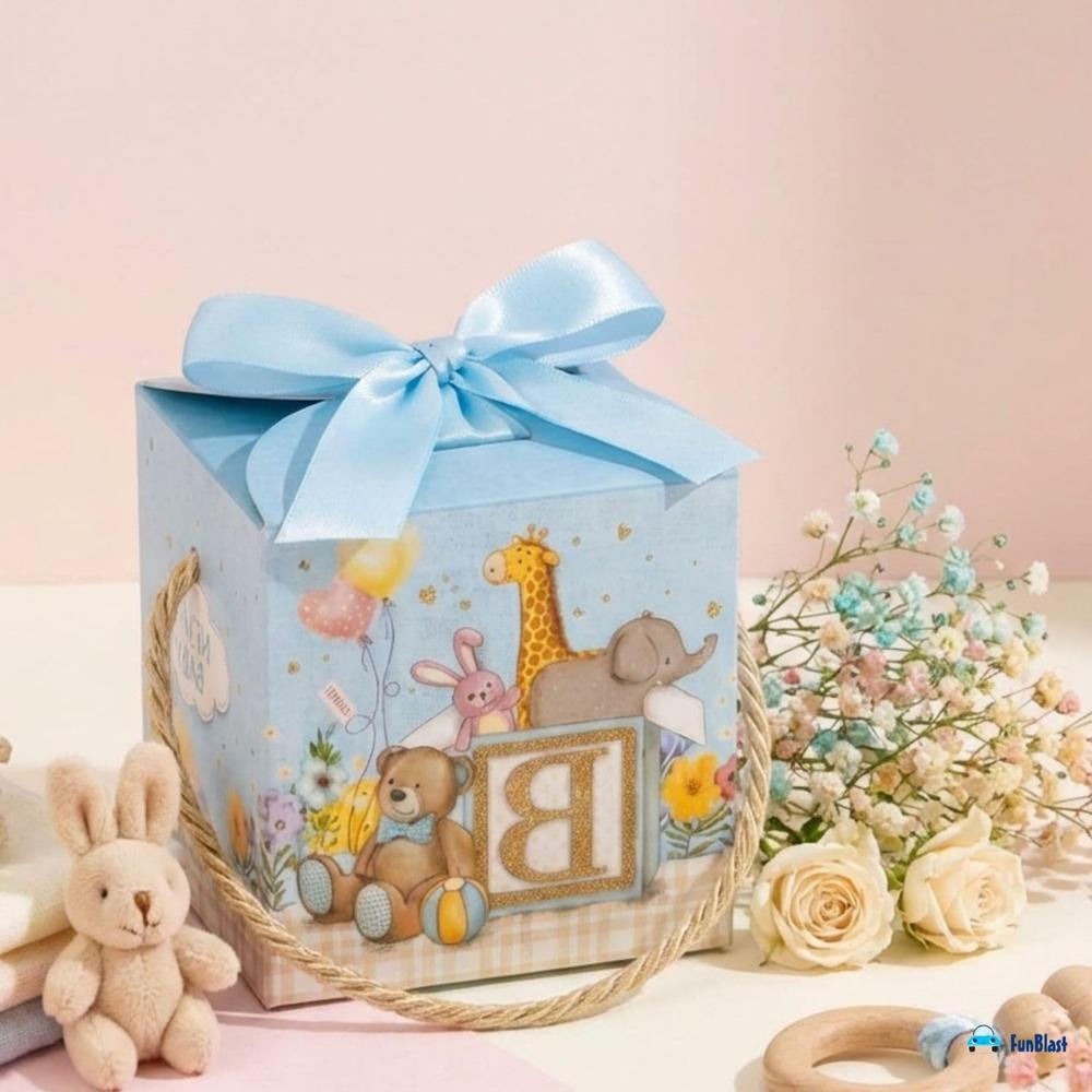 FunBlast Baby Shower Gift Boxes | Paper Folding Gift Boxes with Ribbon & Hanging Thread | Pack of 10