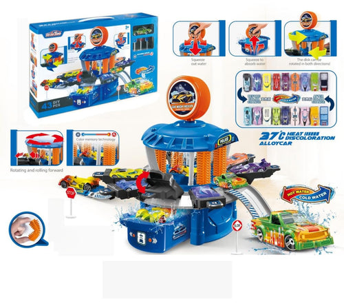 Six-Six-Zero Multi-Station Car Wash Facility Toy Playset | 43 Pieces | Colour Changing Alloy Cars