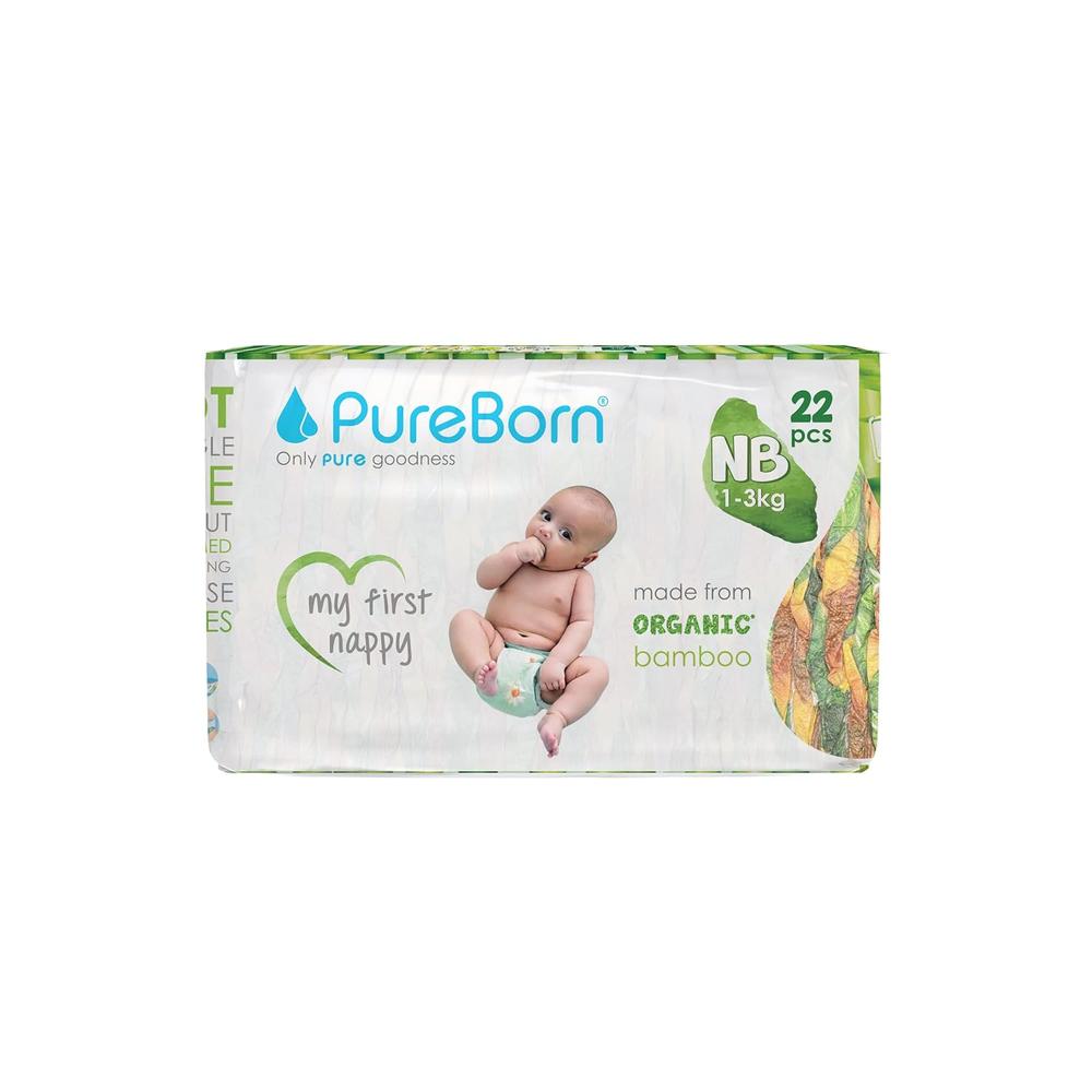PureBorn Organic Bamboo (Size-NB) Baby Disposable Diapers | 22 Pieces | 1-3 kgs | New Born Essentials