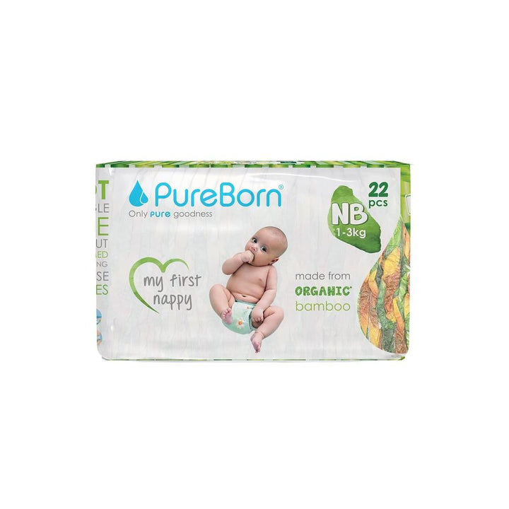 PureBorn Organic Bamboo (Size-NB) Baby Disposable Diapers | 22 Pieces | 1-3 kgs | New Born Essentials