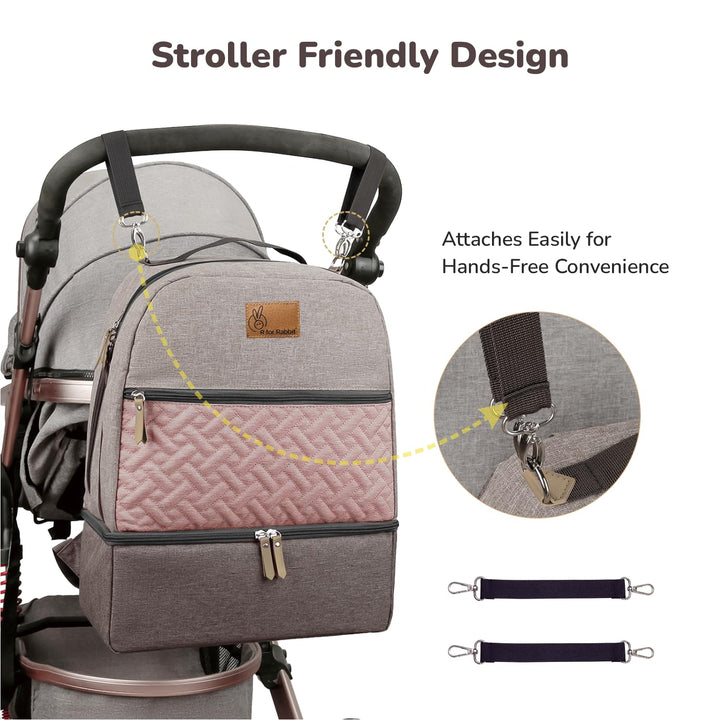 R for Rabbit Caramello Truffle Large Capacity Diaper Bag with Stroller Attachment - Grey Pink