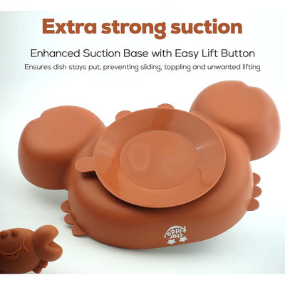 Cute Crab Silicon Weaning Set | Suction Plate for Baby | Easy Grip Handle Spoon & Fork | Adjustable Printed Bib | Brown (Combo)