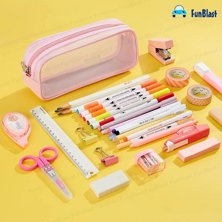 FunBlast Transparent Pencil Case | Large Capacity Clear Pouch with Zipper Closure | Portable Makeup & Stationery Bag