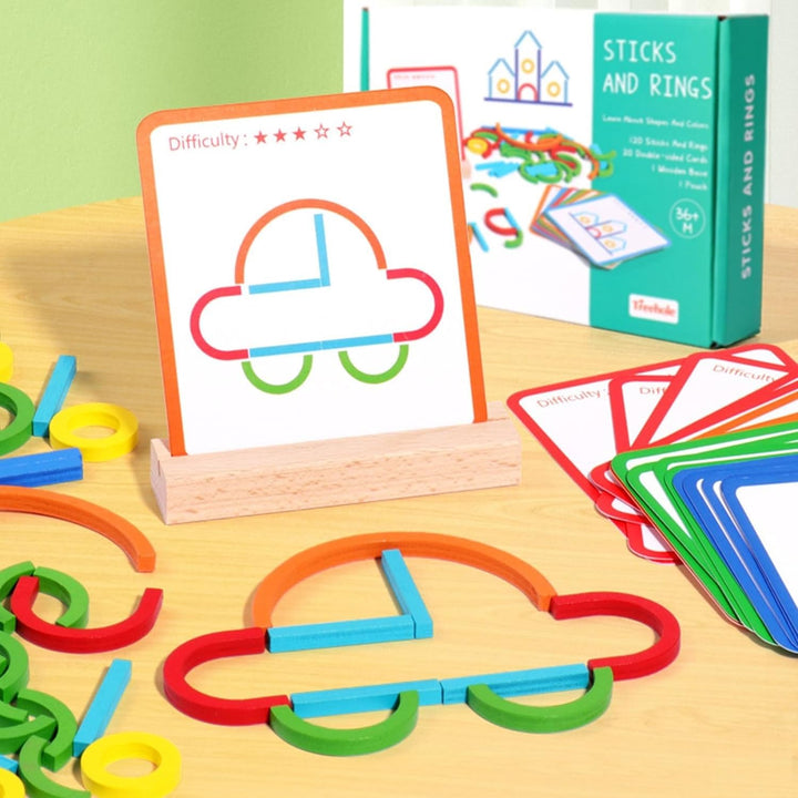MUREN Wooden Sticks & Rings Puzzle Game - 120 Piece | Montessori Creative Learning Set