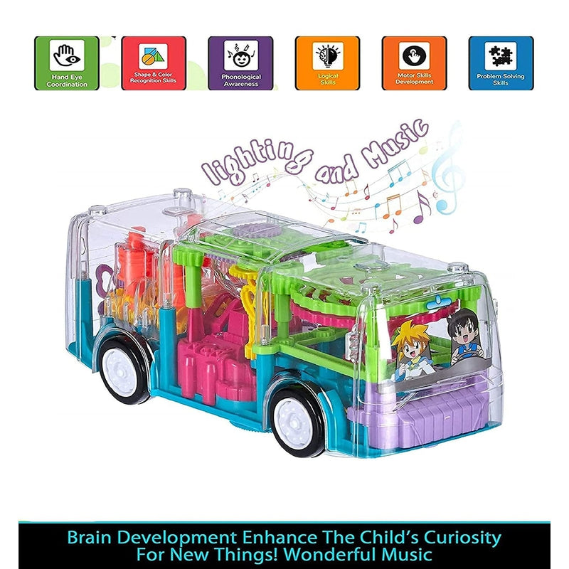 Transparent Bump & Go Electric Mechanical Gear Bus with Colorful LED Light & Music (3-6 Years)