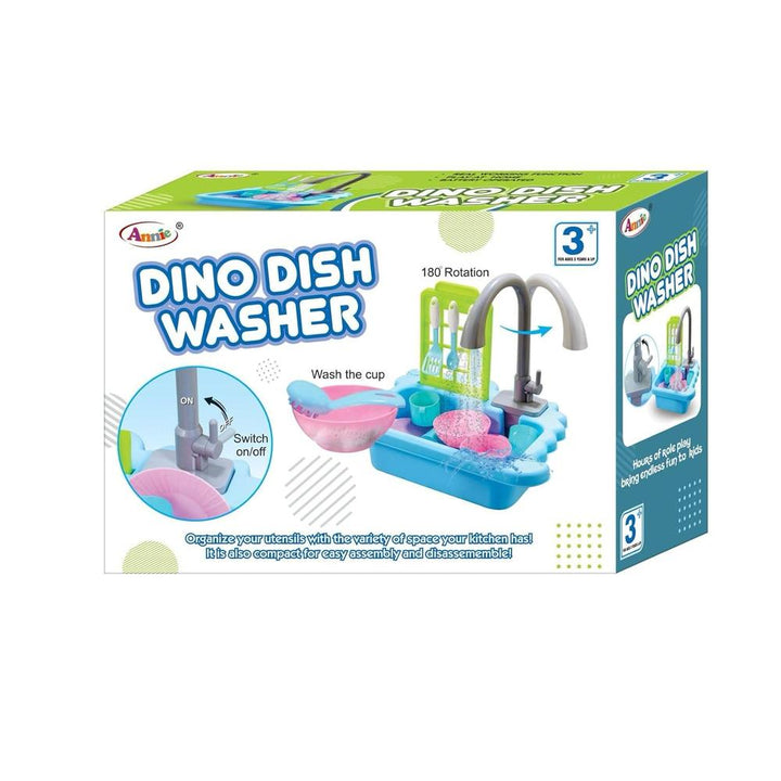 Annie Dino Dishwasher Pretend Playset - 12 Pcs | Pretend Play Kitchen Toy with Water Sink & Utensils