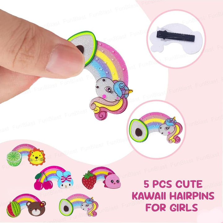 FunBlast Hairpins for Girls | 5 Pcs Rainbow Duckbill Clips | Cute Kawaii Tic Tac Barrettes