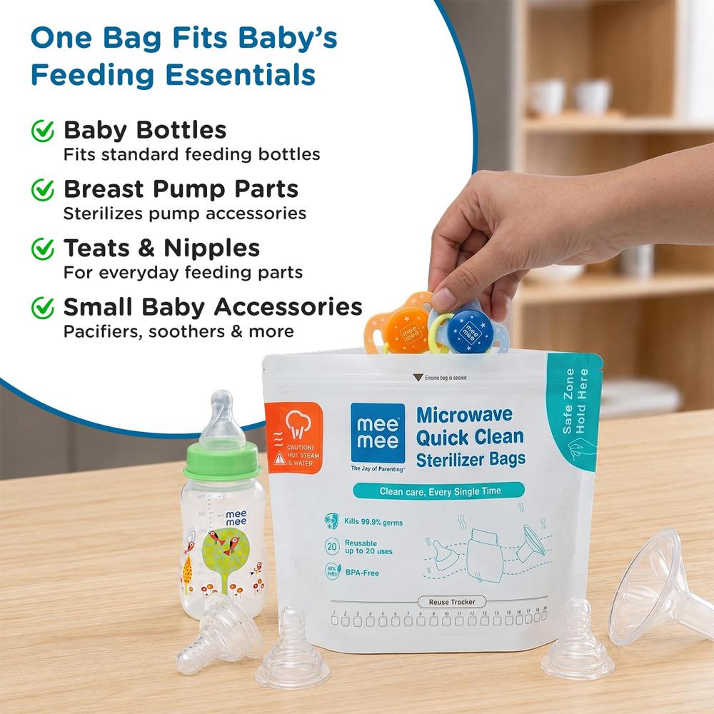 Mee Mee Microwave Quick Clean Sterilizer Bags | Pack of 10 | BPA-Free Baby Feeding Accessory Sterilization Bags