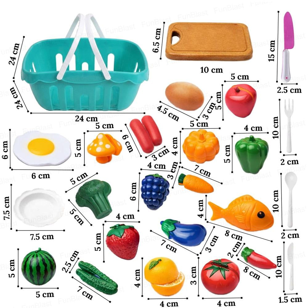 FunBlast Fruits & Vegetables Play Set | Sliceable Cutting Pretend Play Kitchen Toys with Basket & Knife | 26 Pieces
