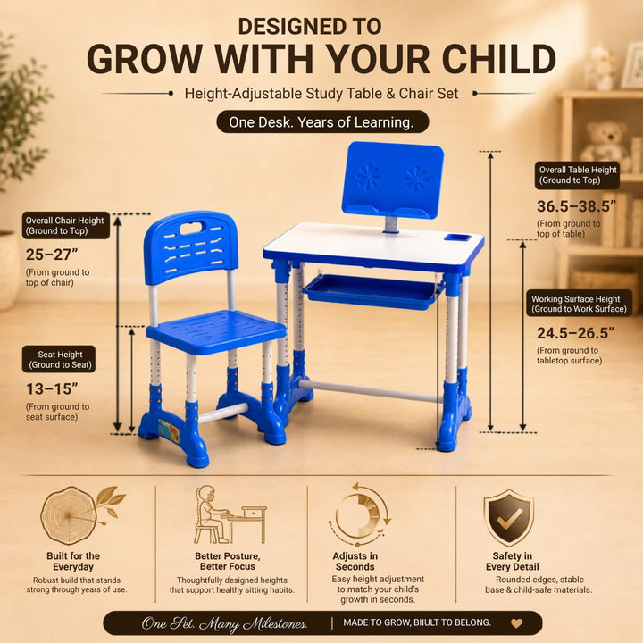 Kids Study Table & Chair Set | Adjustable Height Study Desk with Storage Shelf | Ergonomic Writing Table for Children