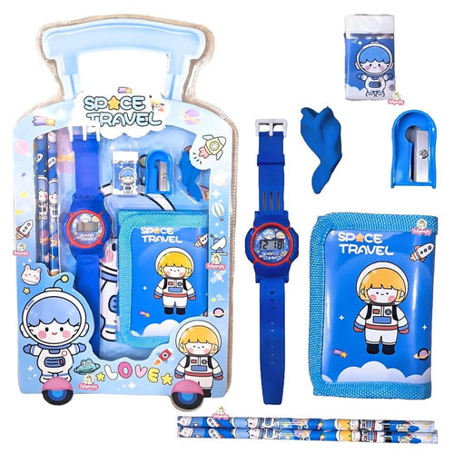 Stationery Gift Set for Kids | Digital Watch, Wallet Pouch, 2 Pencils, Eraser, Sharpener & Pencil Topper | Birthday Return Gift- 7 Pieces