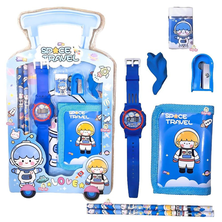 Stationery Gift Set for Kids | Digital Watch, Wallet Pouch, 2 Pencils, Eraser, Sharpener & Pencil Topper | Birthday Return Gift- 7 Pieces
