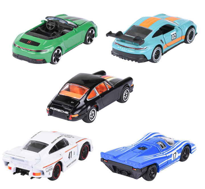 Set of 5 Licensed Majorette Diecast Cars (Porsche) - Porsche 917, Porsche 911 Carrera RS 2.7, Porsche 911 Carrera S, Porsche 935 K3, Porsche 911 GT3 Cup (992)