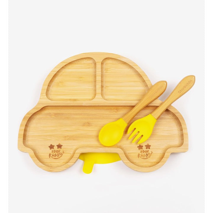 Racer Bamboo Suction Plates for Baby and Toddler | Weaning Spoon & Fork | Yellow