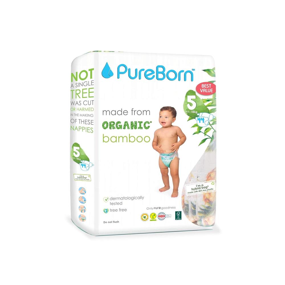 PureBorn Organic Bamboo (Size-5) Baby Disposable Diapers | 44 Pieces | 11-18 kgs