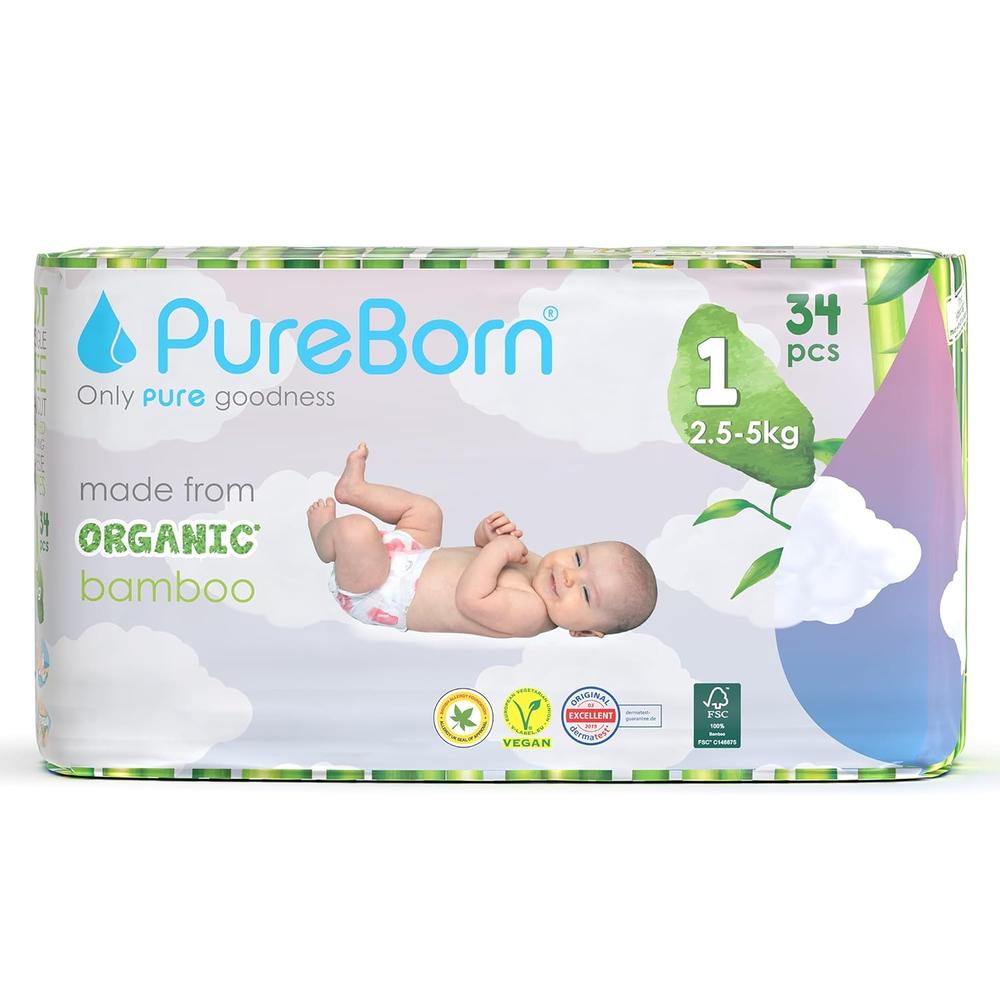 PureBorn Organic Bamboo (Size-1) Baby Disposable Diapers | 34 Pieces | Upto 5 kgs